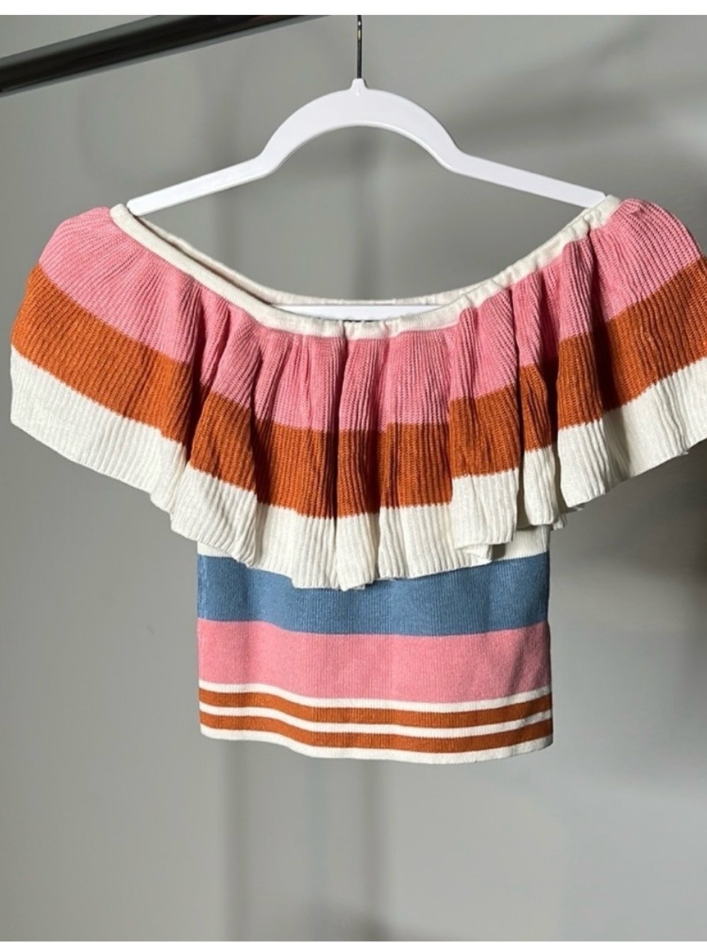 Off-Shoulder Stripe Ruffle Knit Top in Pink, Rust & Cream